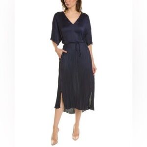 Vince Plisse Navy Blue Satin Midi Dress
